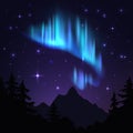 Northern lights. Isolated aurora borealis, bright stripes in night sky. Aurora blue vector background