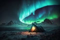 Northern lights near the lake in the mountains, in the foreground is a tent. AI generative Royalty Free Stock Photo