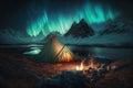 Northern lights near a lake in the mountains, in the foreground a tent and a fire. AI generative Royalty Free Stock Photo