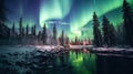 Northern lights in the night sky above the lake in winter forest Royalty Free Stock Photo