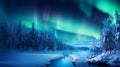 Northern lights in the night sky. Aurora borealis in the winter forest over the river. Royalty Free Stock Photo