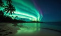 Northern lights in the night sky over a beach with palm trees Royalty Free Stock Photo