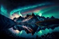 northern lights in night starry sky against background of mountains and lakes. Generative AI illustration Royalty Free Stock Photo