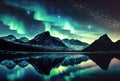 northern lights in night starry sky against background of mountains and lakes. Generative AI illustration Royalty Free Stock Photo