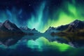 northern lights in night starry sky against background of mountains and lakes. Generative AI illustration Royalty Free Stock Photo