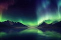 northern lights in night starry sky against background of mountains and lakes. Generative AI illustration Royalty Free Stock Photo