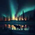 Northern Lights, Norway Winter Aurora Painting, Abstract Generative AI Illustration
