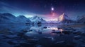 Northern lights over clear winter lake. Glowing colorful skies. Alpine glacier. Starry night panorama landscape. Royalty Free Stock Photo