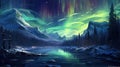 Northern lights over clear winter lake. Glowing colorful skies. Alpine glacier. Starry night panorama landscape. Royalty Free Stock Photo