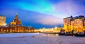 Northern lights over the frozen Old Port in Katajanokka district with Uspenski Orthodox Cathedral in Helsinki Finland