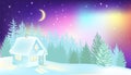 Northern Lights over winter forest and house. Royalty Free Stock Photo