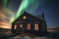 Northern lights sky wooden house nature outdoor. Generate Ai