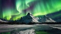 Northern lights and snow covered mountains. River flowing through arctic landscape. Royalty Free Stock Photo