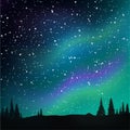 Northern lights in the starry sky and pine forest. Vector illustration