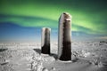 Northern lights and stone pillars in the tundra