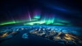 Northern Lights, a view from space. Multicolored iridescent waves. A rare fascinating natural phenomenon