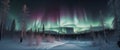 Northern lights in winter forest. Sky with colorful polar lights and stars. Night winter landscape. Generative AI