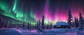 Northern lights in winter forest. Sky with colorful polar lights and stars. Night winter landscape. Generative AI