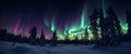 Northern lights in winter forest. Sky with colorful polar lights and stars. Night winter landscape. Generative AI