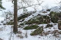 Huge granite boulders in the winter nature reserve. Royalty Free Stock Photo