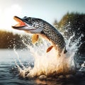 Northern pike jumping out of the water