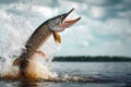 Northern pike jumping out of the water