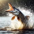 Northern pike jumping out of the water