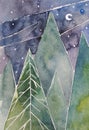 Northern pine forest at night. Abstract watercolor painting