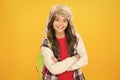 Northern region fashion. Eskimo style. Soft furry accessory. Child schoolgirl long hair soft hat enjoy softness. Winter Royalty Free Stock Photo