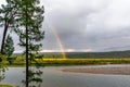 Northern river in a forest area in the subpolar urals