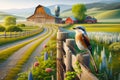 Northern Shrike Wood Fence Post Countryside Springtime Farming Landscape Red Barn AI Generated