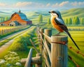 Northern Shrike Wood Fence Post Countryside Springtime Farming Landscape Red Barn AI Generated