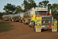 View of B-double petroleum tanker truck with two trailers attached