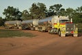 View of B-double petroleum tanker truck with two trailers attached