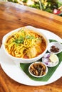 Northern Thai Food, Rice Noodles iN Coconut Curry Soup With Chicken Royalty Free Stock Photo