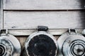 Northern Thai traditional kitchen item hanging on old wooden wall Royalty Free Stock Photo