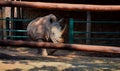 Northern white rhinoceros behind the fence in the zoo & x28;Ceratotherium simum cottoni& x29;