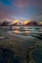 Northern winter sea landscape with dramatic sky and mountains Royalty Free Stock Photo