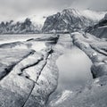 Northern winter sea landscape with  mountains, black and white Royalty Free Stock Photo