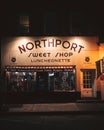 Northport Sweet Shop vintage sign at night, Northport, New York