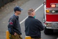 Northridge, California / USA - LAFD firefighters and paramedics respond to a medical call at Northridge train