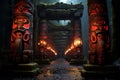 Northwest school mountain scene in fiery red and deep black with columns and totems