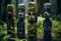 Northwest school mountain scene vivid red and black colors, columns, totems for artistic expression