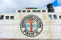 Northwestern Pacific Railroad sign on steam ferryboat Eureka preserved at Hyde Street Pier of San Francisco Maritime National