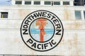 Northwestern Pacific Railroad sign on steam ferryboat Eureka preserved at Hyde Street Pier of San Francisco Maritime National
