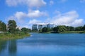 Northwestern University`s attractive lakeside campus, with the new Kellogg School of Management Global Hub building Royalty Free Stock Photo