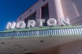 Norton, Kansas - July 28, 2021: The Norton theater and cinema, with a classic retro neon sign