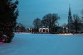 Christmas tree near Gazebo On The Green with First Congregational Church between Park Street and East avenue Royalty Free Stock Photo