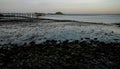 Evening lights on Calf Pasture beach with fishing pier on distance and sea weeds on front