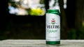 Veltins Pilsenes pilsner beer from Germany outside on table